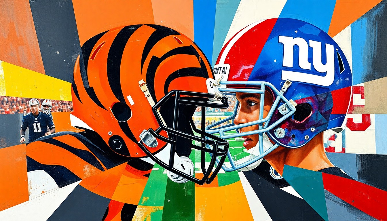 A cubist, geometric painting depicting a fragmented football game or match, with sharp planes of vibrant orange, black, blue, and red colors representing the uniforms of the Cincinnati Bengals and New York Giants.