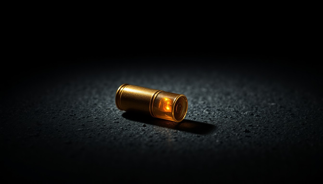 An extreme close-up photograph of a single spent bullet casing on a dark concrete surface, lit by a harsh, direct camera flash, conceptually representing the aftermath of a shooting incident.