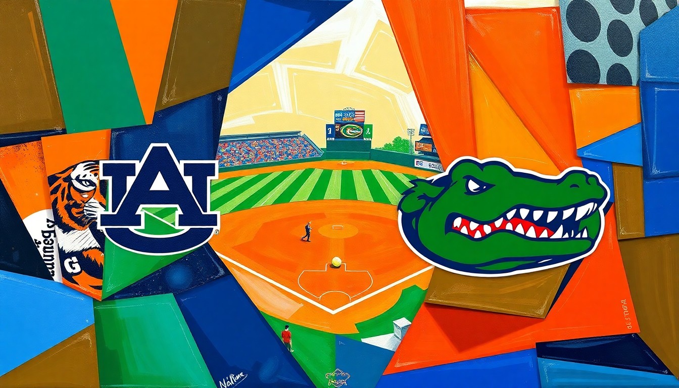 A fragmented, geometric painting depicting the action of a softball game, with the players and field broken down into sharp, overlapping shapes and planes of bright orange, blue, and green colors.