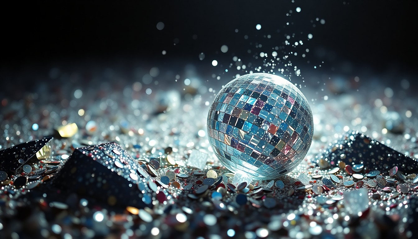 An extreme close-up of shimmering sequins and shattered glass, reflecting the high-energy glamour of a major music festival performance.