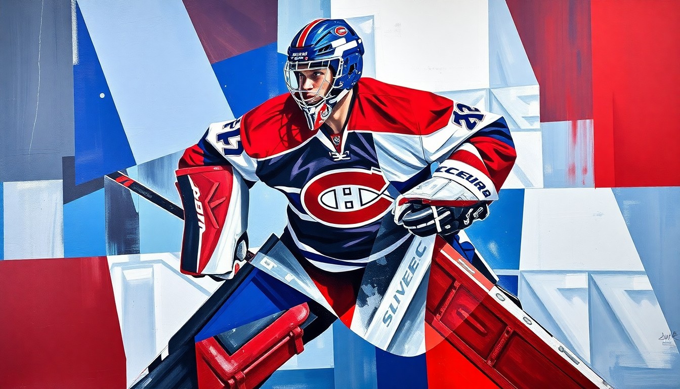 A cubist-style painting depicting a hockey goaltender in action, with the figure broken down into overlapping geometric shapes and planes in shades of blue, red, and white.