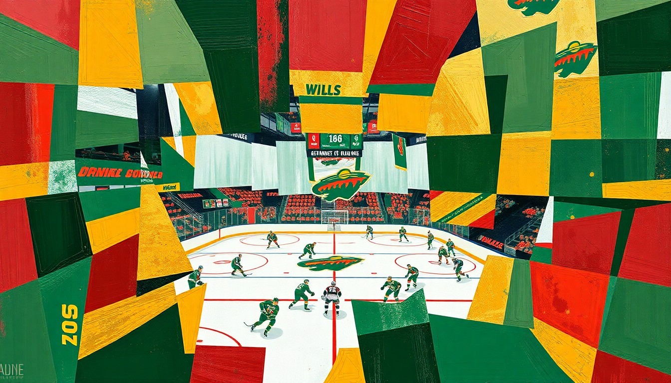 A cubist, geometric painting depicting a Minnesota Wild hockey game, with sharp, overlapping planes of green, red, and gold representing the players and action on the ice.