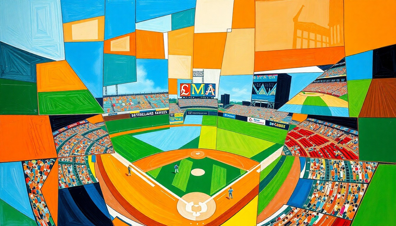 A fractured, cubist-style painting depicting a baseball game in progress, with players and field elements broken down into sharp, overlapping geometric shapes in vibrant blues, greens, and oranges.