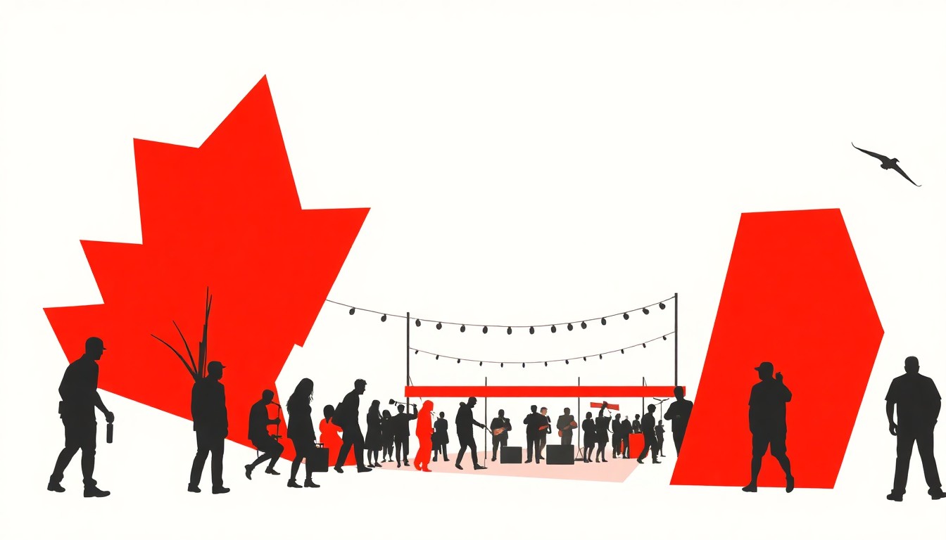 A bold, abstract composition of jagged, geometric shapes in striking red and white, conceptually representing the diverse array of art, music, and community engagement at the Art in the Park festival.