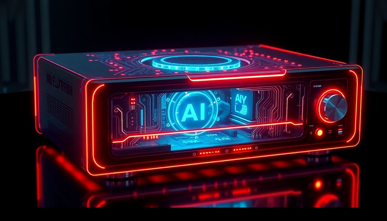 A highly detailed, glowing 3D illustration of a futuristic 4K Blu-ray player with pulsing neon lights and intricate circuitry, conceptually representing the advanced AI-powered technology within the device.