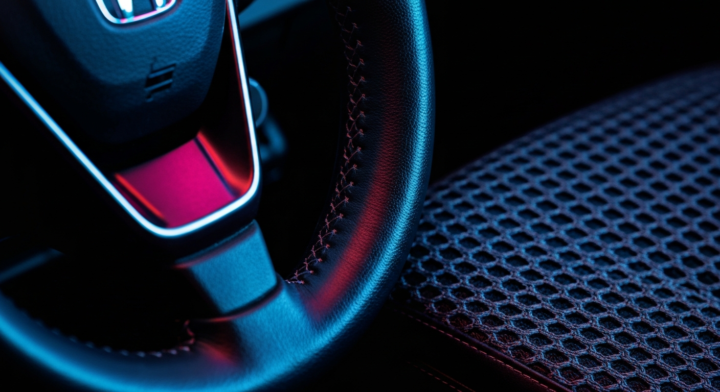 An extreme close-up of the pebbled leather surface of a Honda steering wheel, capturing the rich textures and vibrant colors that define the brand's craftsmanship.