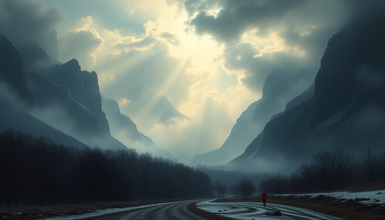 A vast, majestic landscape painting in muted tones of gray, blue, and white, with a distant horizon line and dramatic clouds overhead. The runners along the marathon route are barely visible, dwarfed by the overwhelming scale of the natural environment.