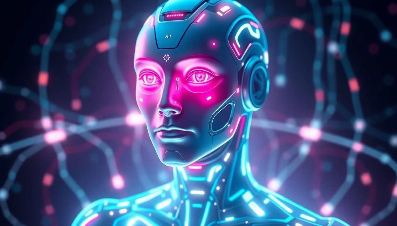 A highly detailed, glowing 3D illustration of an AI-powered virtual persona with neon cyan and magenta lights illuminating its facial features and body, surrounded by a swirling array of digital data streams and cybernetic elements.