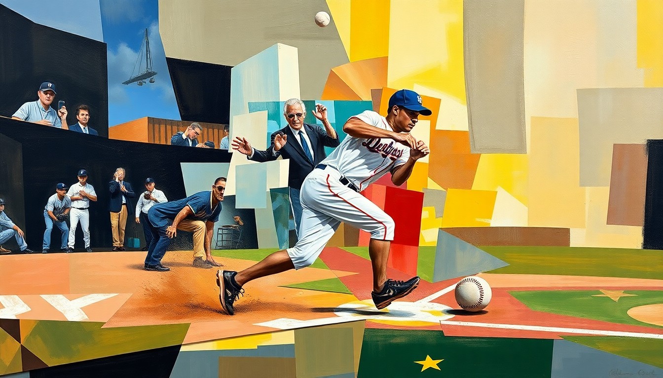 A cubist, geometric painting depicting a baseball player sliding into a base, with the action broken down into overlapping planes of color and shape.