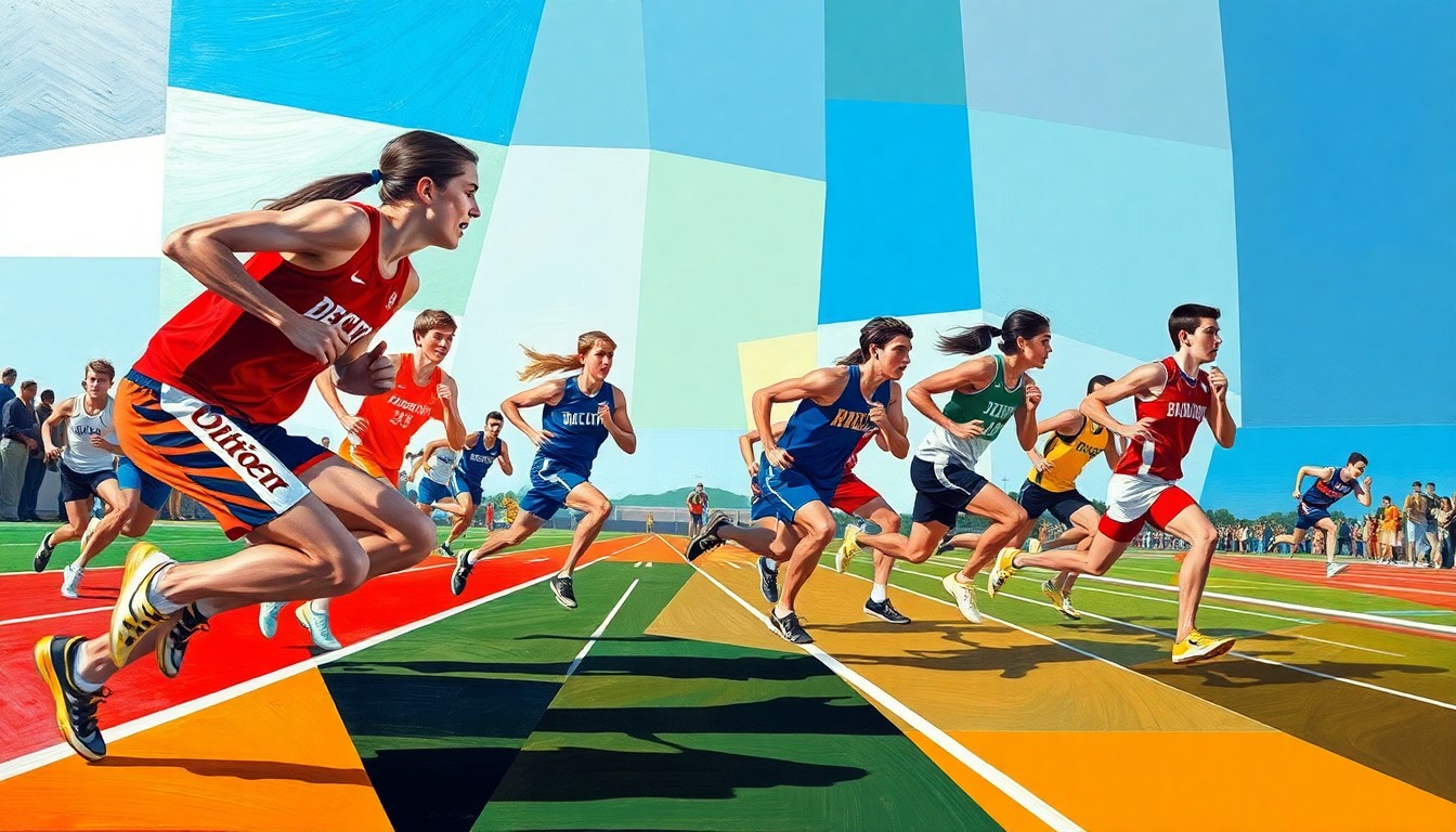A fragmented, geometric painting depicting high school track and field athletes in motion, with the colors of Dexter and Pioneer High Schools used throughout the abstract composition.