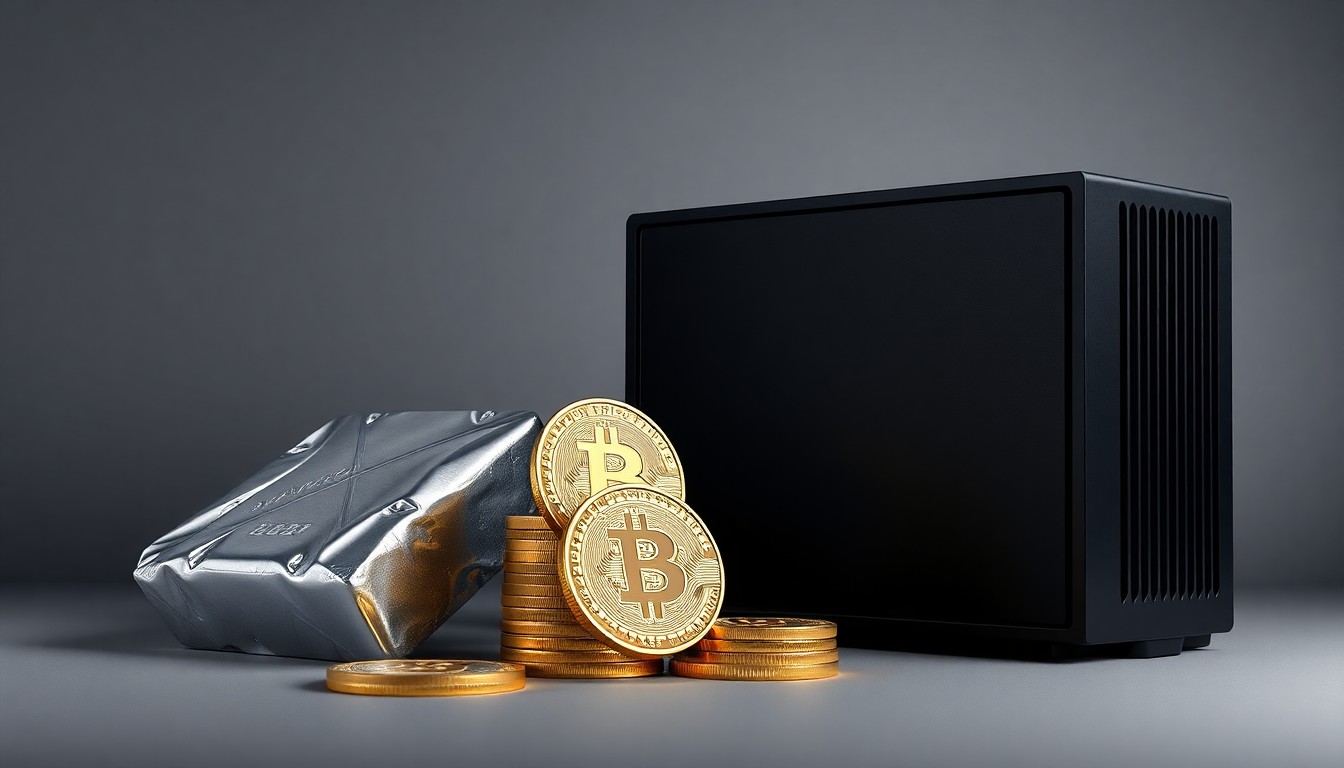 A photorealistic studio still life featuring a polished aluminum ingot, a stack of Bitcoin tokens, and a sleek black computer server unit, symbolizing the intersection of traditional industry and the emerging cryptocurrency economy.