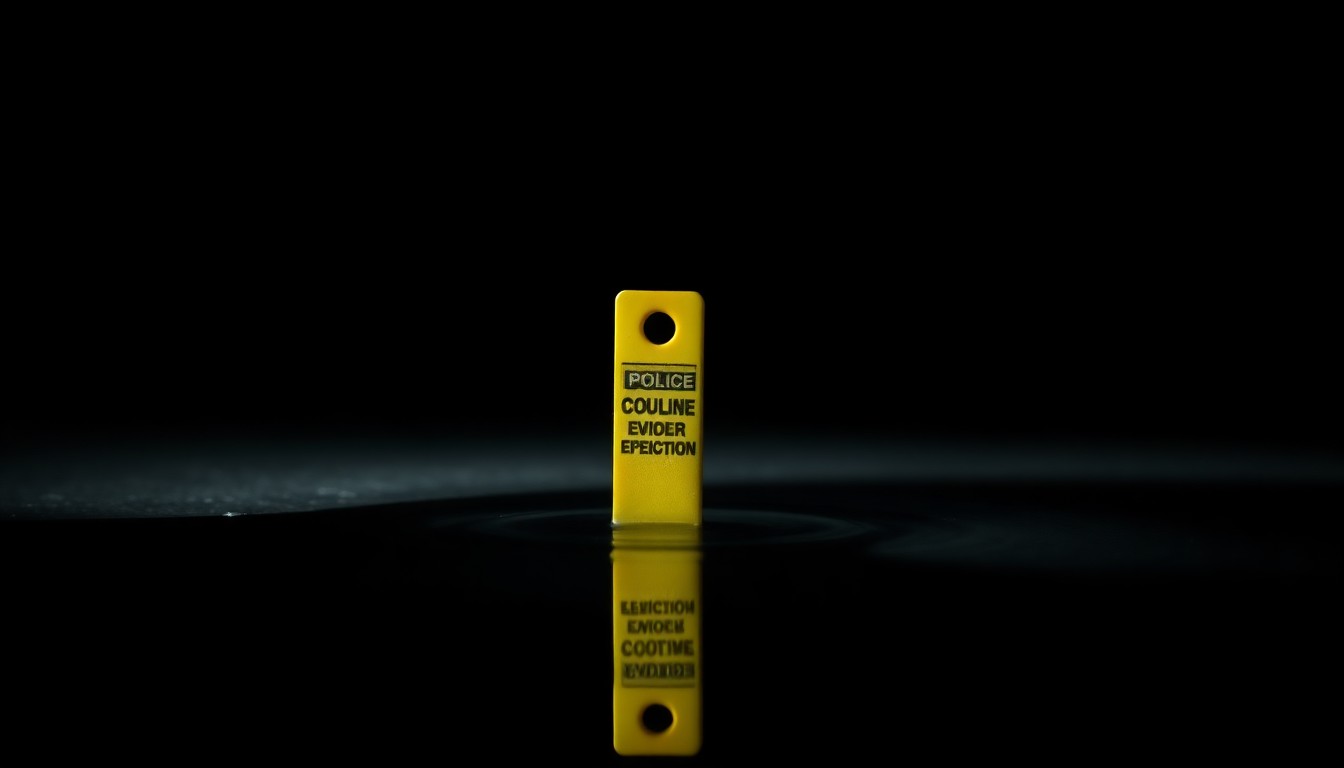 An extreme close-up photograph of a police evidence marker placed next to a still body of water, creating a stark, gritty, investigative aesthetic through the use of harsh, direct flash lighting against a dark background.