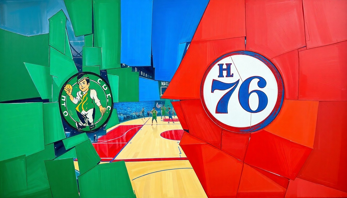 A fractured, geometric painting depicting a basketball game between the Boston Celtics and Philadelphia 76ers, with sharp, overlapping planes of vibrant green, blue, and red colors.