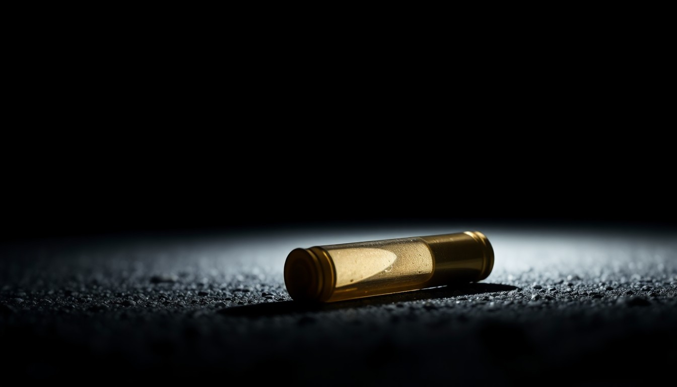 An extreme close-up of a spent bullet casing on the ground, reflecting the harsh, sudden nature of the shooting incident that disrupted a child's birthday celebration.