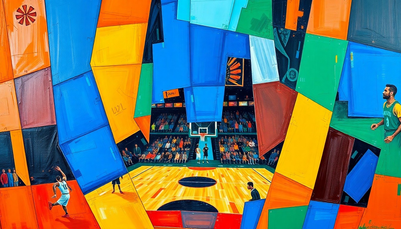 A fractured, multi-angle painting in bold, geometric shapes and vibrant colors, representing the disjointed play of the Raptors without their key player Immanuel Quickley.