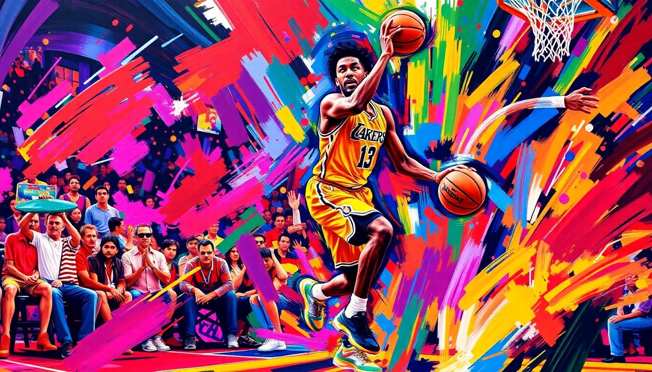 A dynamic, neon-colored painting depicting Jamal Murray driving to the hoop and drawing a foul, with the basketball and players' movements captured in a blur of vibrant brushstrokes.