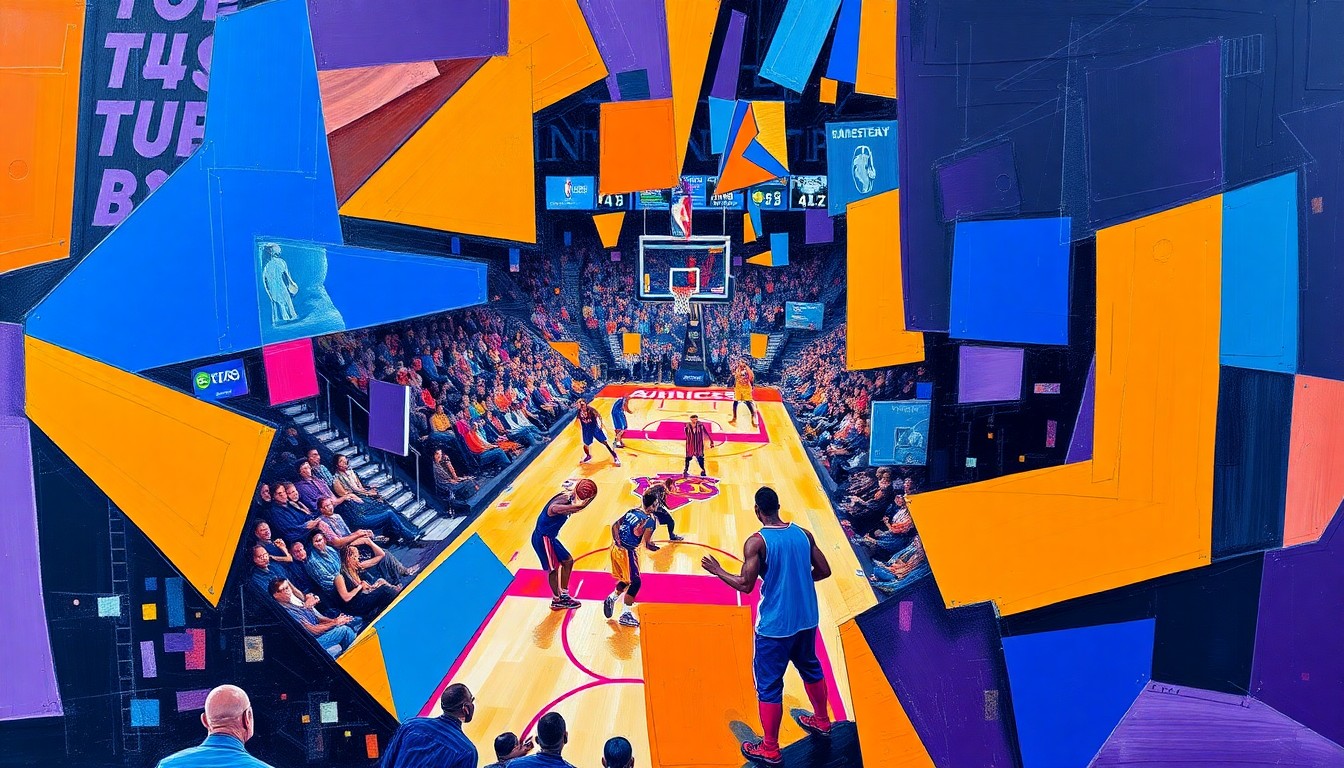 A dynamic, cubist-inspired painting depicting the intense action and competition of the Knicks-Hawks playoff game, with sharp geometric shapes and vibrant colors capturing the energy of the moment.