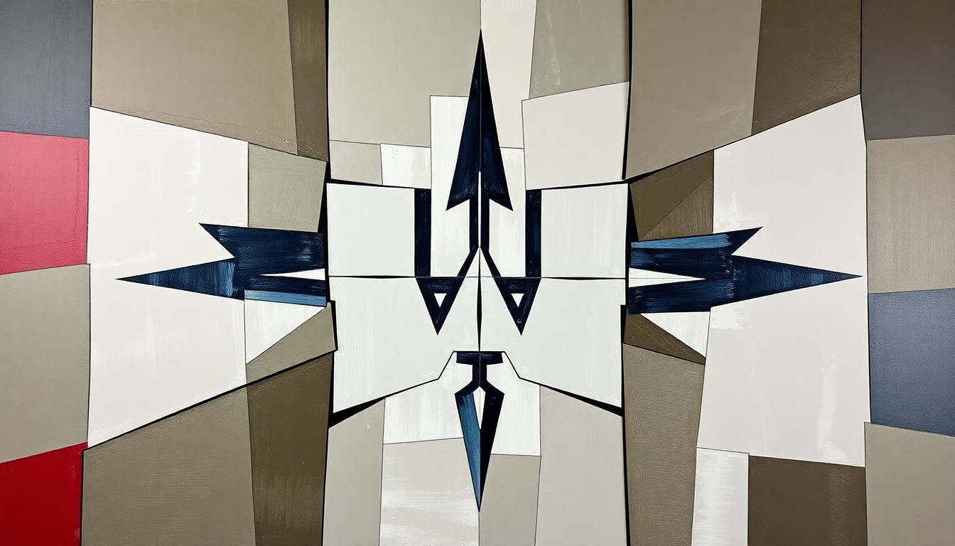 A cubist, geometric painting that deconstructs the Washington Commanders' new spear logo into fragmented, overlapping shapes and planes, reflecting the divisive debate over the use of Native American imagery in sports.