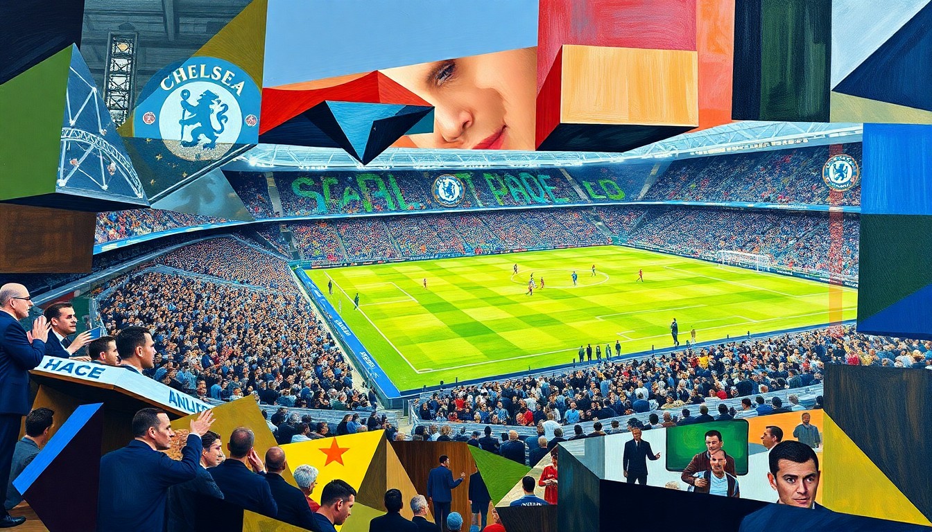 A cubist-style painting featuring overlapping geometric shapes and planes, abstractly depicting a chaotic football match scene without any recognizable figures or branding.