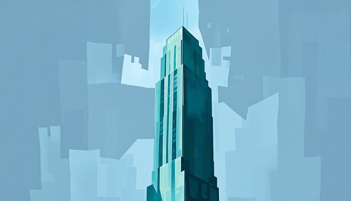 A fractured, abstract painting in shades of gray, blue, and green depicting the outline of a tall apartment building, representing the taxation of luxury properties owned by wealthy non-residents as part of a broader push for economic redistribution in New York City.