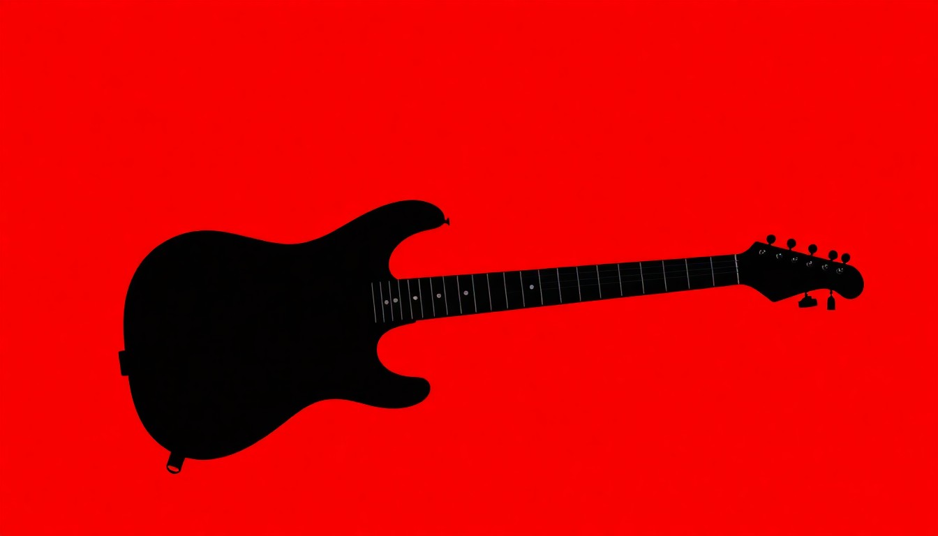 A dramatic black silhouette of an electric guitar set against a vibrant red background, conveying the raw energy and political messaging of a rock band's live performance.