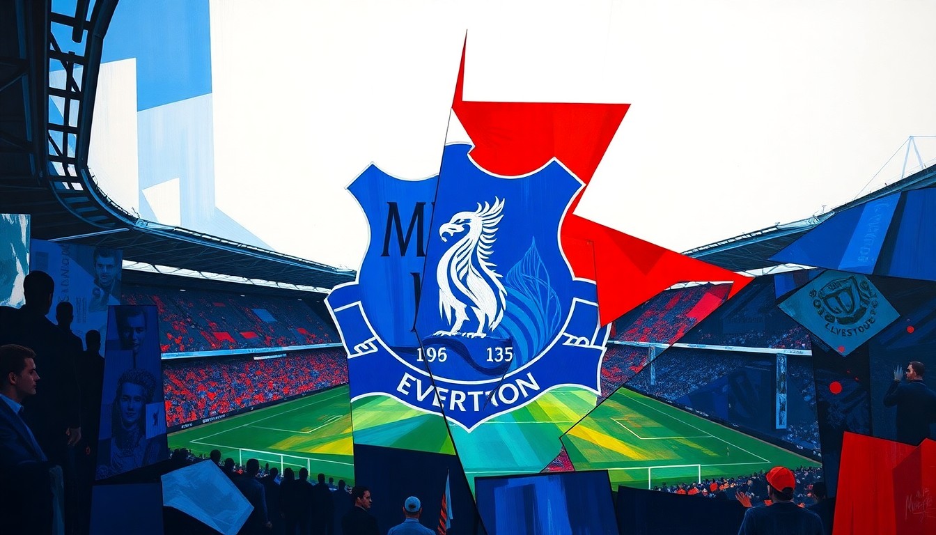 A fractured, multi-perspective painting in bold colors, breaking down a Premier League football match between two rival teams into sharp, overlapping geometric shapes and planes.