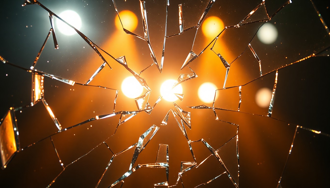 An abstract close-up image of shattered mirror glass reflecting bright stage lighting, conveying a sense of drama and tension without depicting any specific individuals or events.