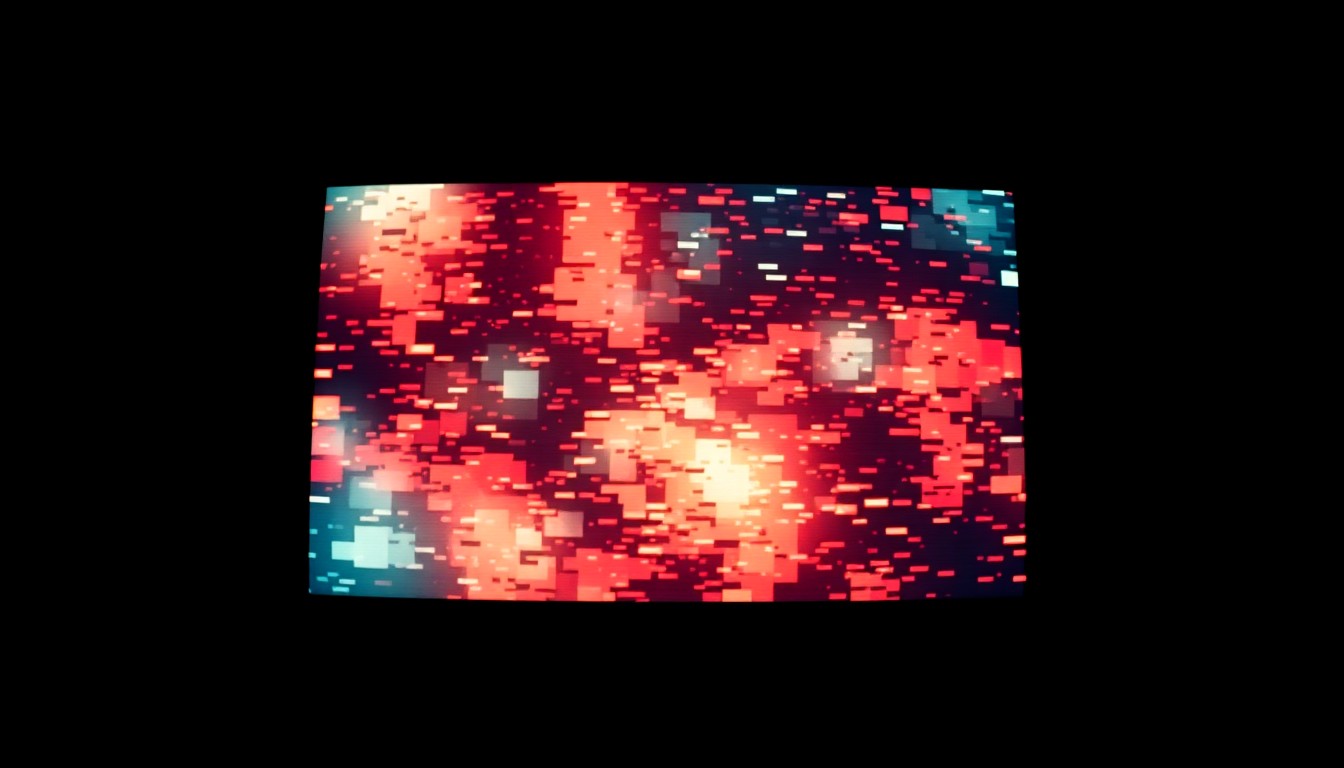 An extreme close-up photograph of a glitchy, pixelated video screen in a dark, high-contrast studio setting, conceptually representing the integration of digital elements into live entertainment performances.