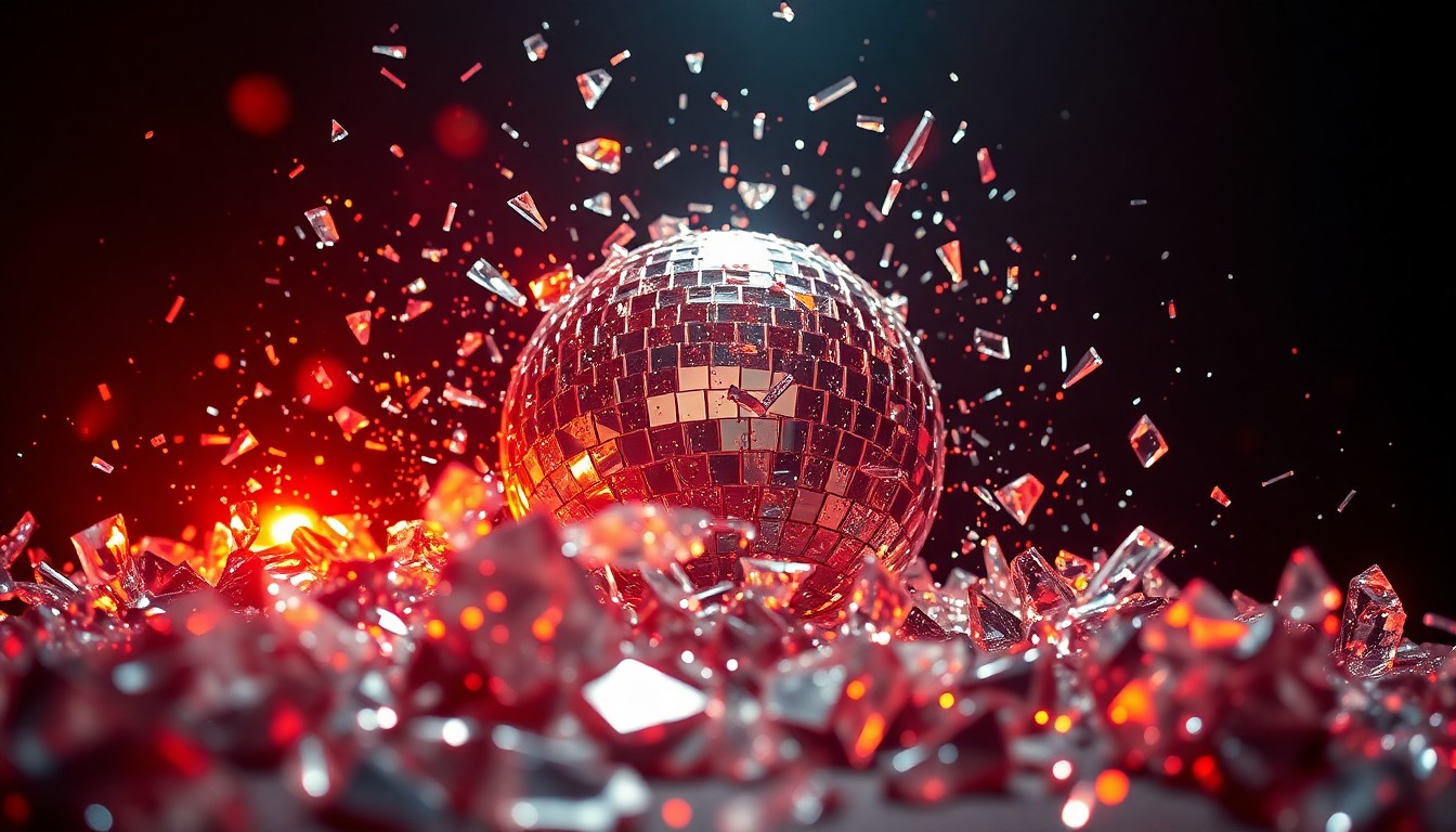 An abstract close-up photograph of shattered glass fragments reflecting dramatic studio lighting, conveying the high-tension glamour of a major concert tour.