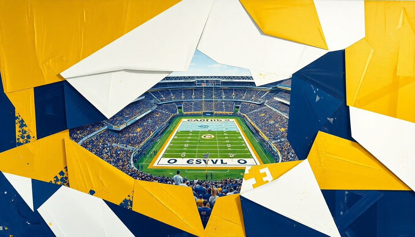 A cubist, geometric painting depicting a Georgia Tech football game, with the players and field broken down into sharp, overlapping planes of gold, white, and navy blue, capturing the dynamic energy of the sport.