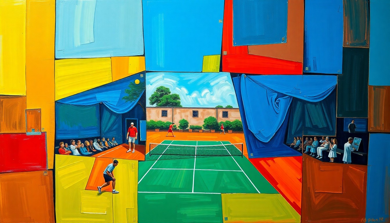 A cubist, geometric painting depicting a fragmented tennis court scene, with overlapping planes of vibrant colors representing the dynamic movement and energy of the sport.