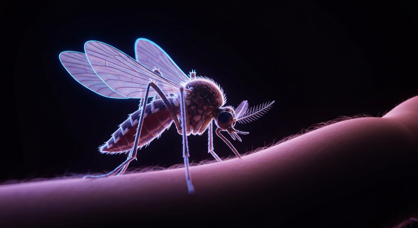 A minimalist illustration defined by glowing neon lines depicting the silhouette of a mosquito in flight, conveying the concept of avoiding these persistent summer nuisances.