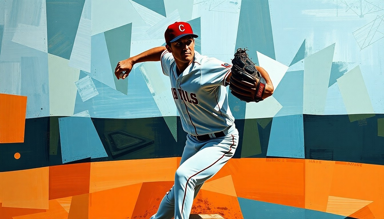 A fragmented, geometric painting depicting the various angles and perspectives of a baseball pitcher's delivery, conveying the sport's inherent energy and movement.