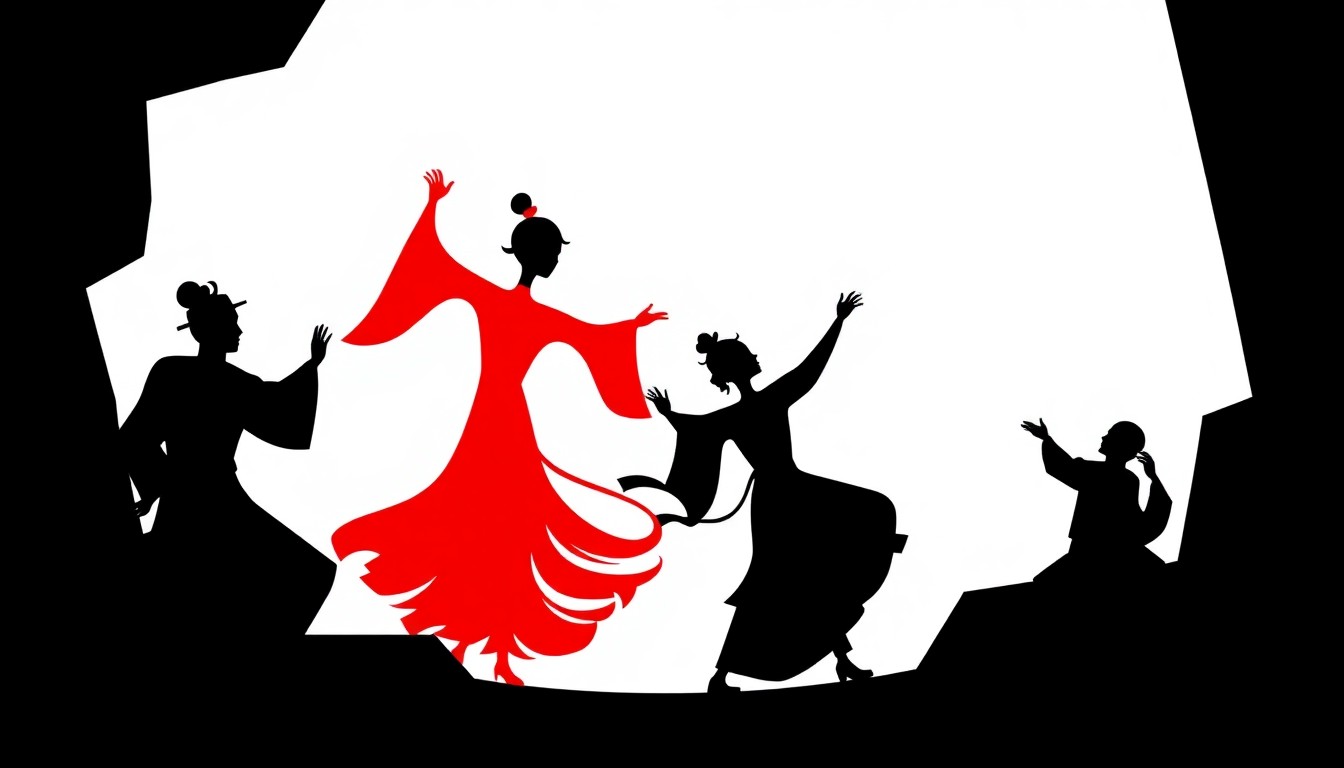 An abstract, minimalist composition of jagged, geometric shapes in bold red and white, conceptually representing the traditional Chinese dance and music of the Shen Yun performance.