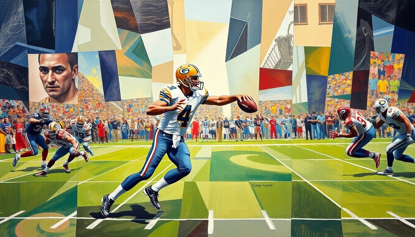 A fragmented, geometric painting depicting a football quarterback in motion, with sharp planes of color and form capturing the dynamism and intensity of the sport.