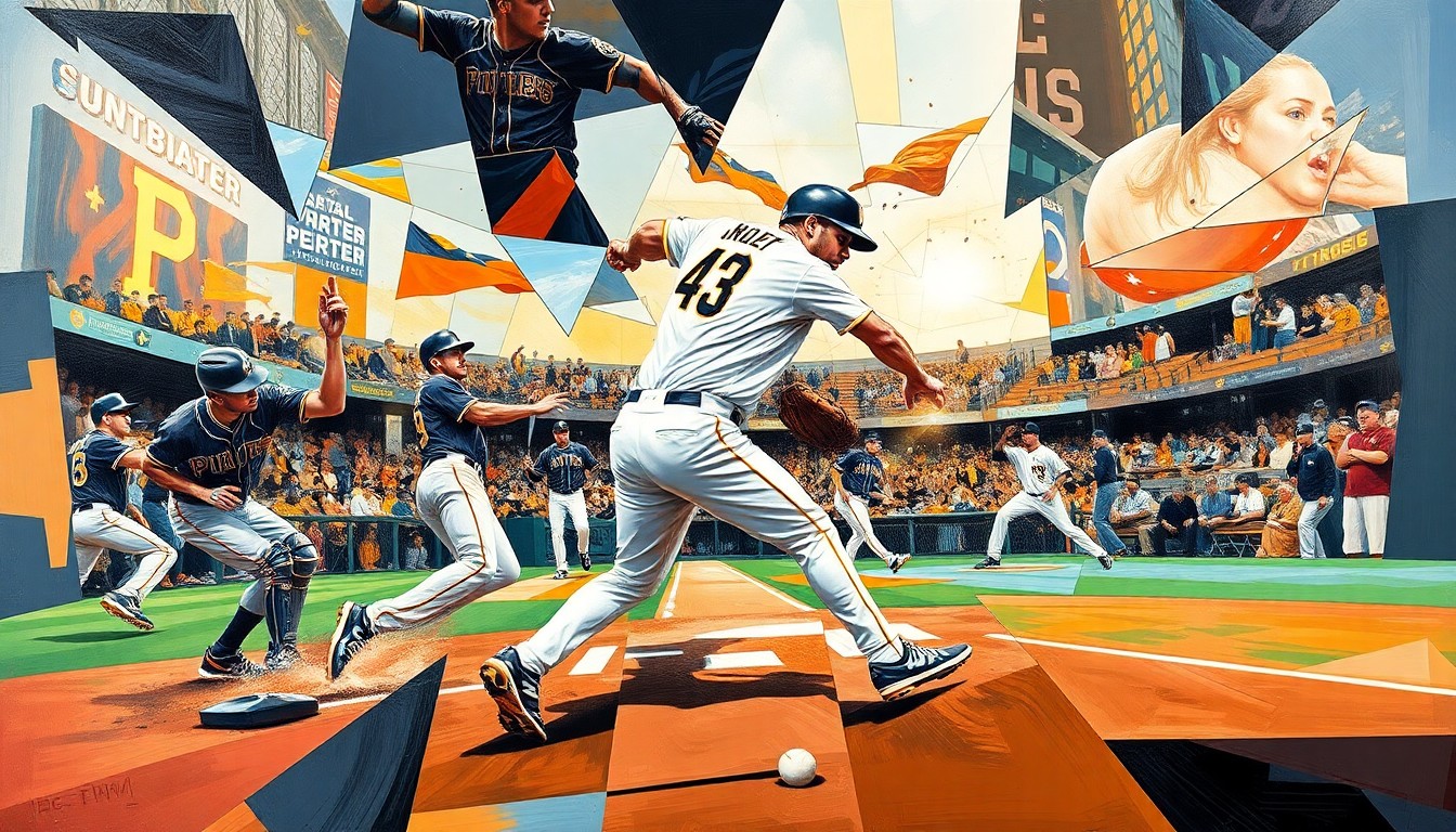 A cubist, geometric painting depicting a baseball play broken down into overlapping, fragmented shapes and planes, conveying the dynamic tension and energy of the moment while also suggesting the supportive presence of the veteran pitcher.