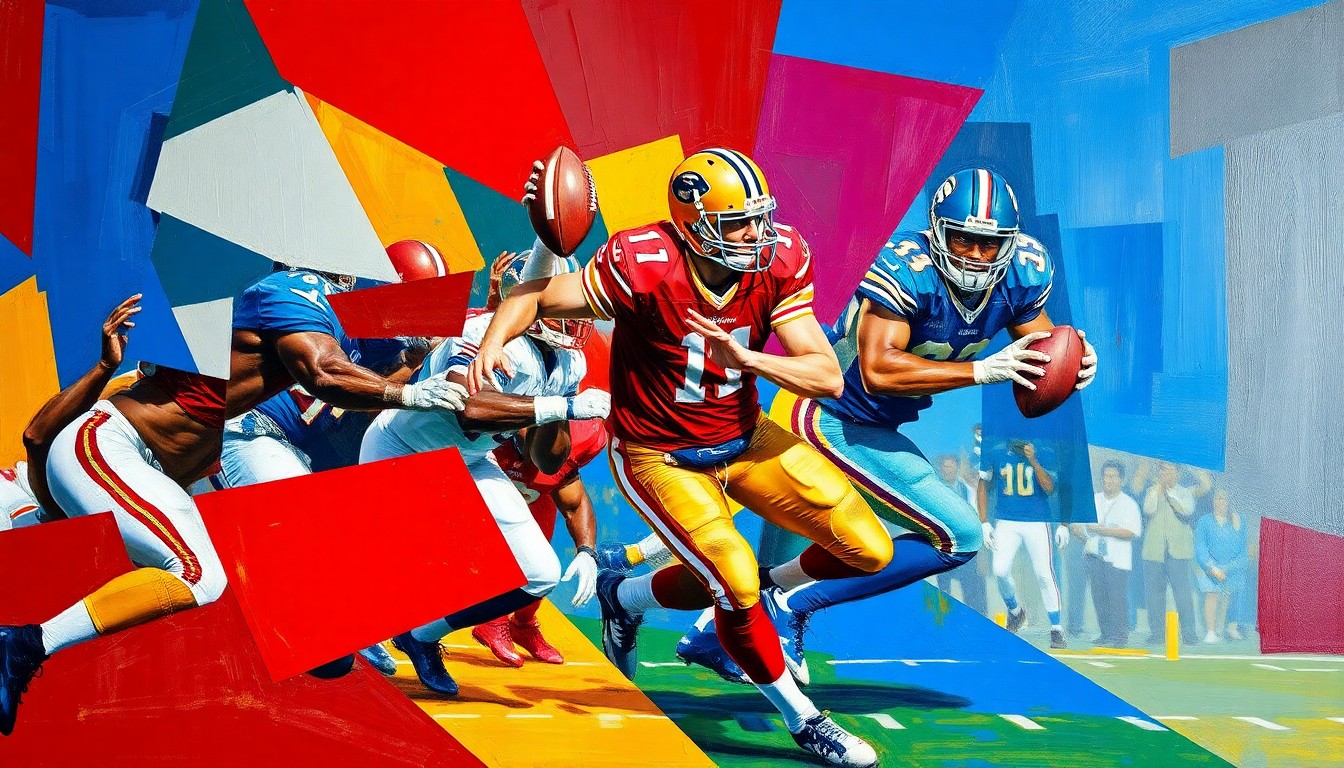 A cubist, geometric illustration depicting a football player in motion, with sharp, overlapping planes of color representing the dynamic action of the game.