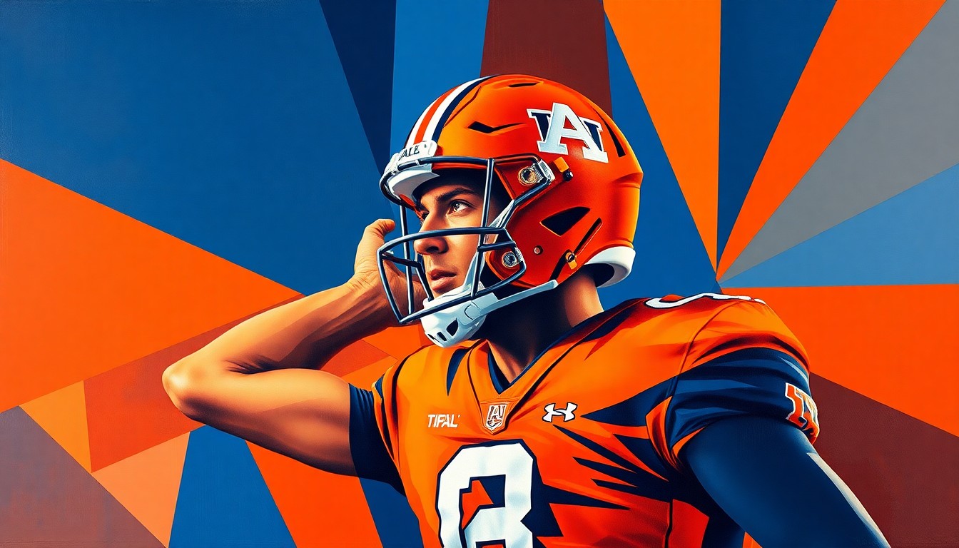 A fractured, geometric painting depicting an Auburn quarterback in motion, with sharp planes of orange and blue representing the team's colors and the dynamic energy of the game.