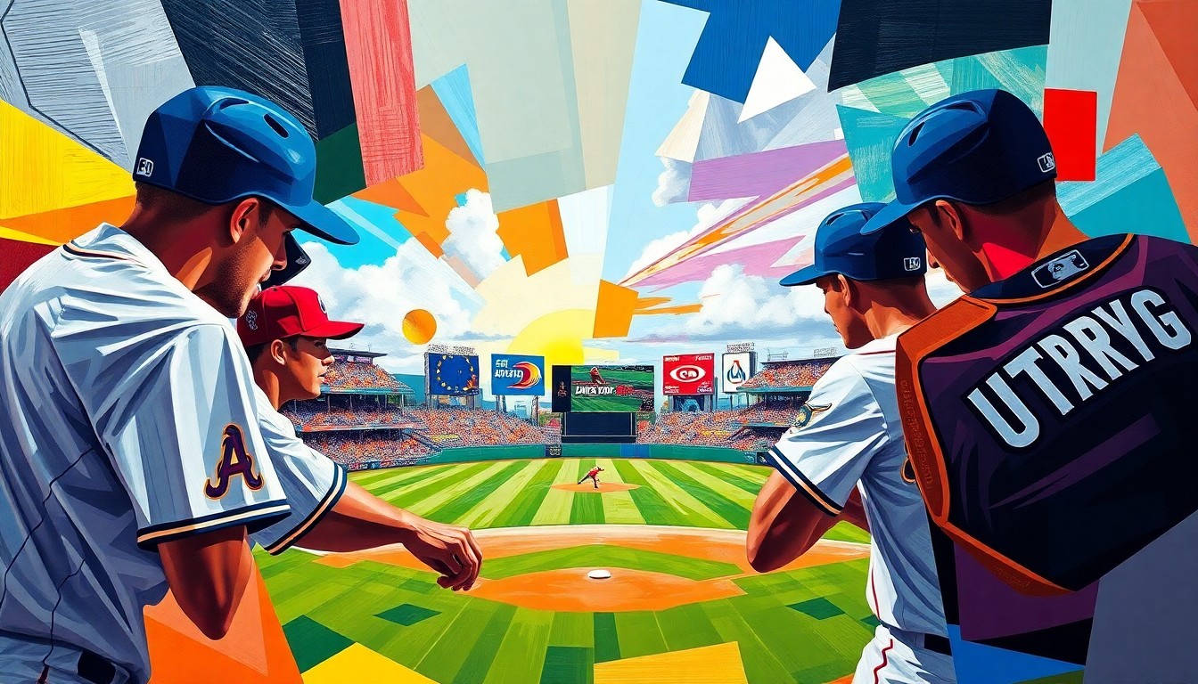A cubist, geometric painting depicting a baseball game in motion, with players and the field fragmented into sharp, overlapping planes of color representing the Southeastern Louisiana and UTRGV uniforms.