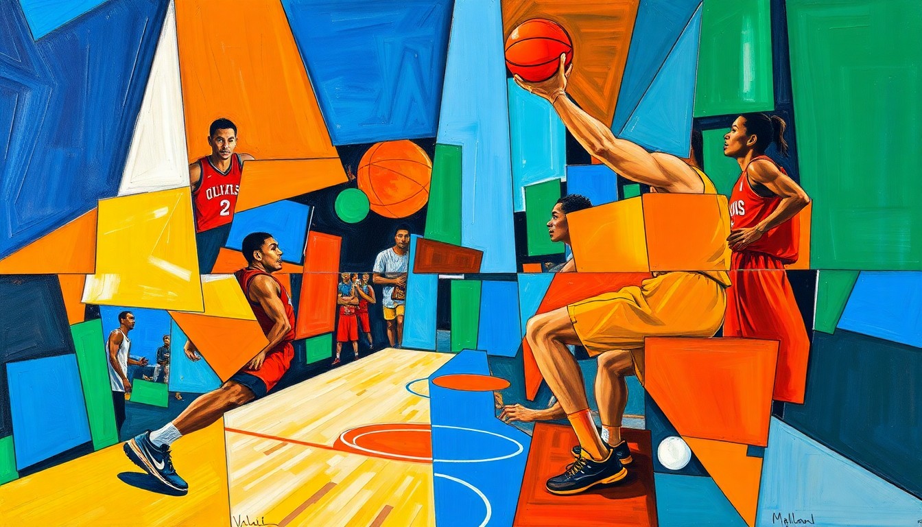 A cubist, geometric painting depicting a basketball game or match, with sharp, overlapping planes of vibrant colors like royal blue, fiery orange, and emerald green, capturing the dynamic energy of the sport.