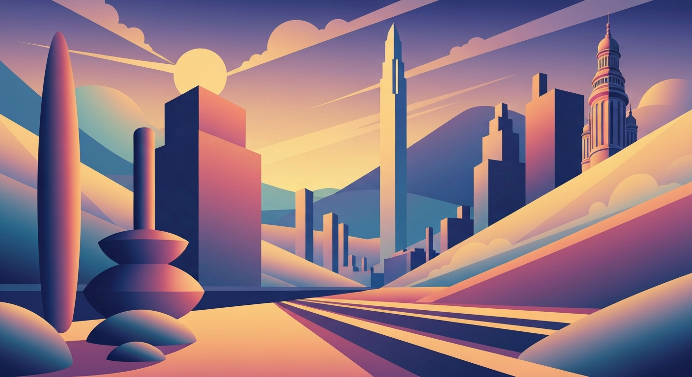 A bold, geometric illustration depicting the sweeping scale and grandeur of Illinois' travel destinations, with towering architectural forms and smooth, airbrushed gradients in a vibrant color palette, conceptually representing the state's varied vacation offerings.