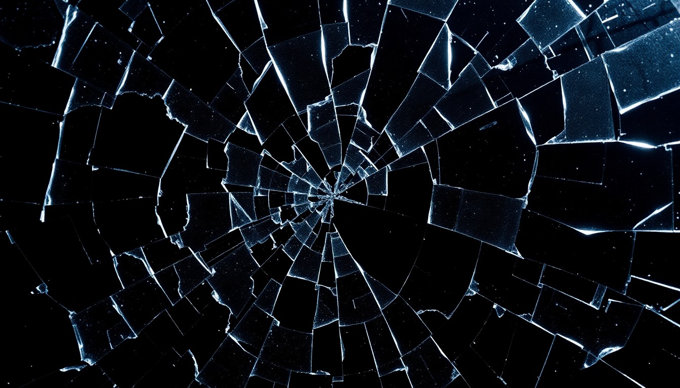 An abstract close-up photograph of a shattered glass texture in dramatic, high-contrast lighting, conveying the fragility and tension in the royal couple's relationship.