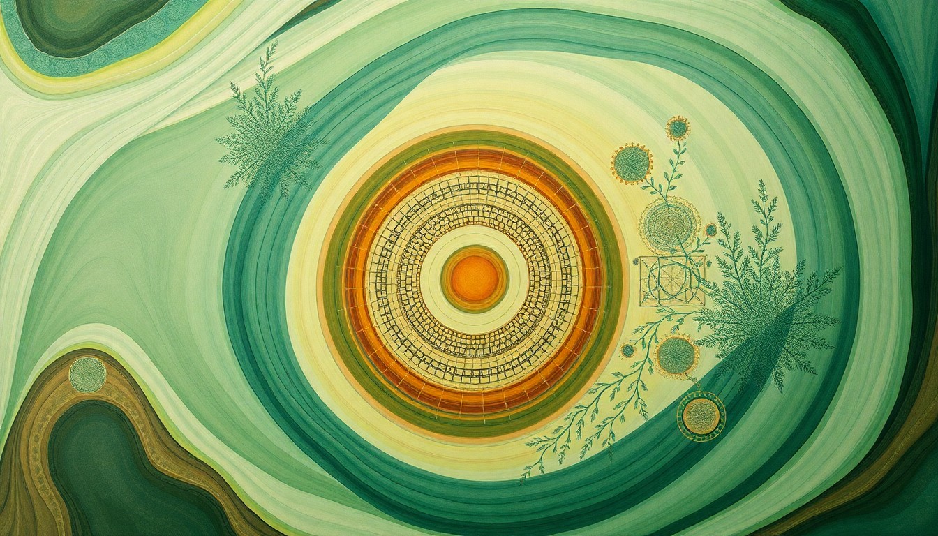A highly structured abstract painting in soft, earthy tones of green, blue, and brown, featuring sweeping geometric arcs, concentric circular patterns, and precise botanical spirals, conceptually representing the complex ecosystem of a freshwater lake and the interconnected aquatic life within.