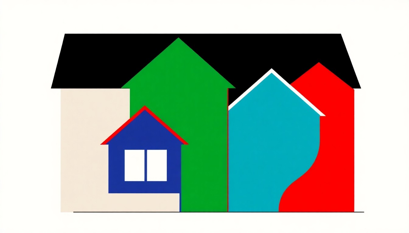 A geometric abstract illustration using bold shapes and primary colors to conceptually represent the declining homeownership rates across different age groups in the United States.