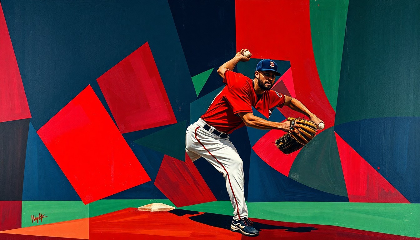 A cubist-style painting featuring sharp, overlapping geometric shapes in deep red, navy blue, and forest green, depicting the fragmented motion and challenges of a baseball pitcher on the mound.