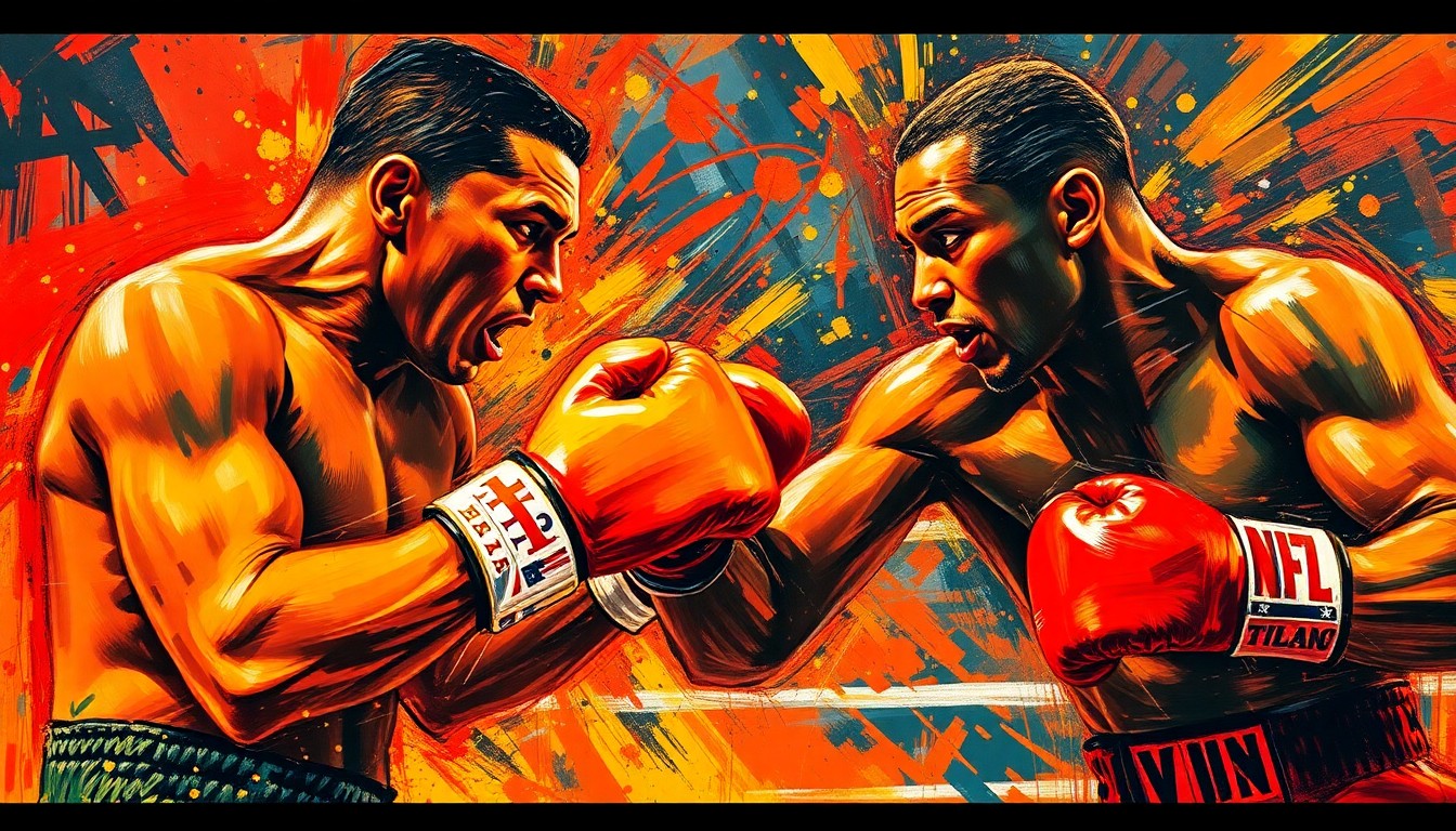An abstract, expressionist painting in vibrant neon colors depicting the raw energy and movement of two boxers engaged in an intense match, with faces and figures dissolving into unrecognizable splatters of paint.