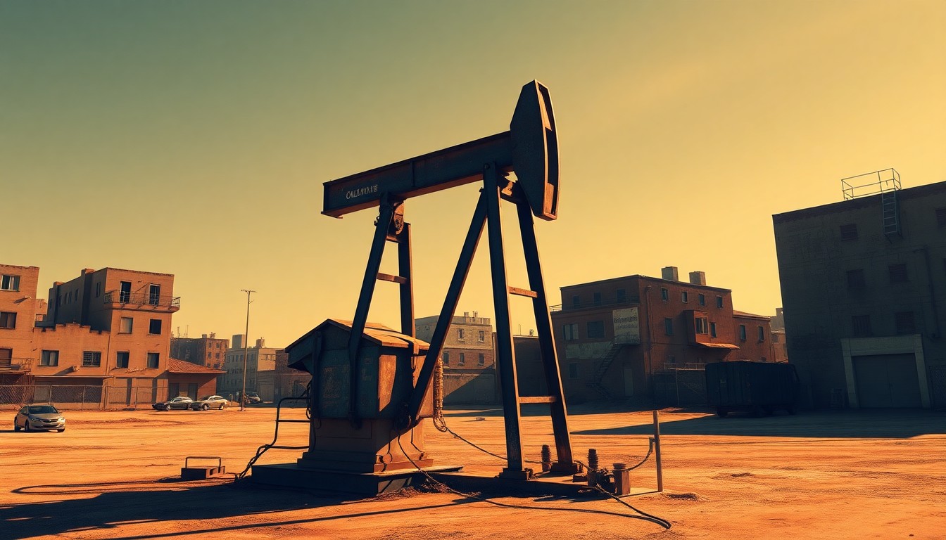 A photorealistic painting of an old, rusted oil pump standing alone in an empty urban setting, with warm sunlight casting long shadows across the scene, conveying a sense of political and economic uncertainty.