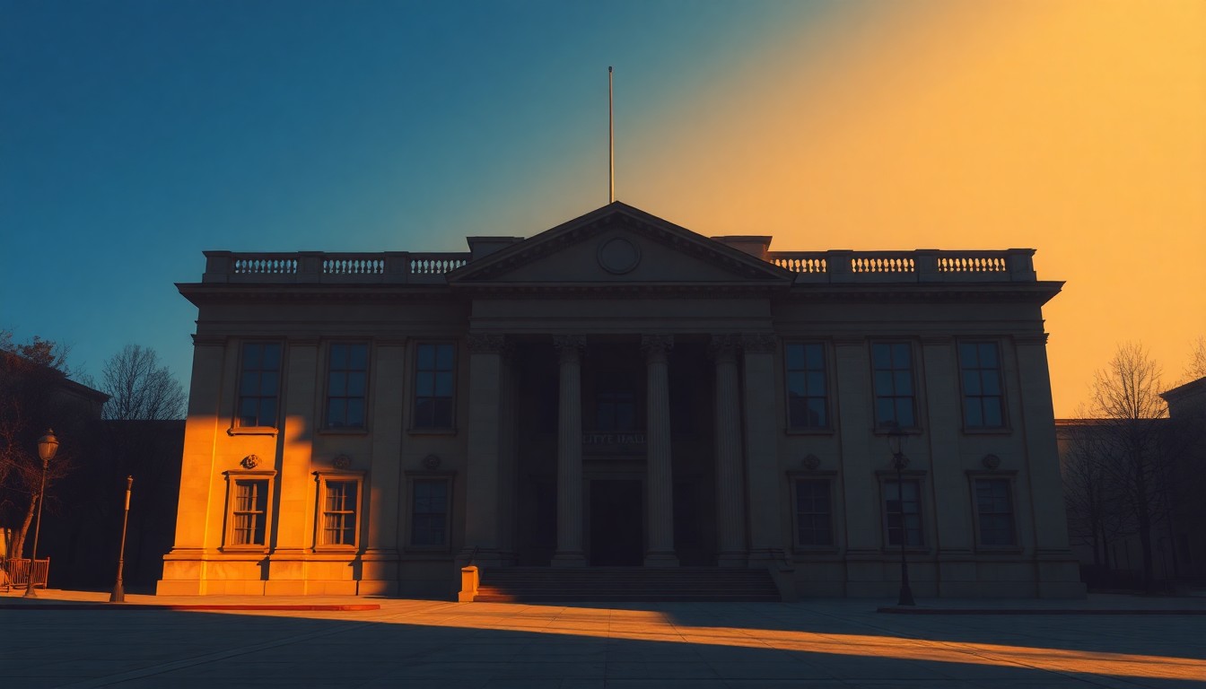A quiet, cinematic painting of a solitary city hall building in warm, golden sunlight, with deep shadows across the facade, conveying a sense of civic unease and political uncertainty.