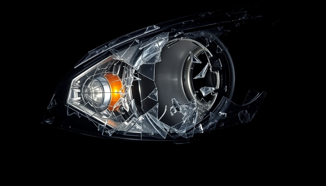 An extreme close-up photograph of a shattered car headlight lens, the fractured glass and twisted metal conceptually representing the violent impact of a construction zone collision.