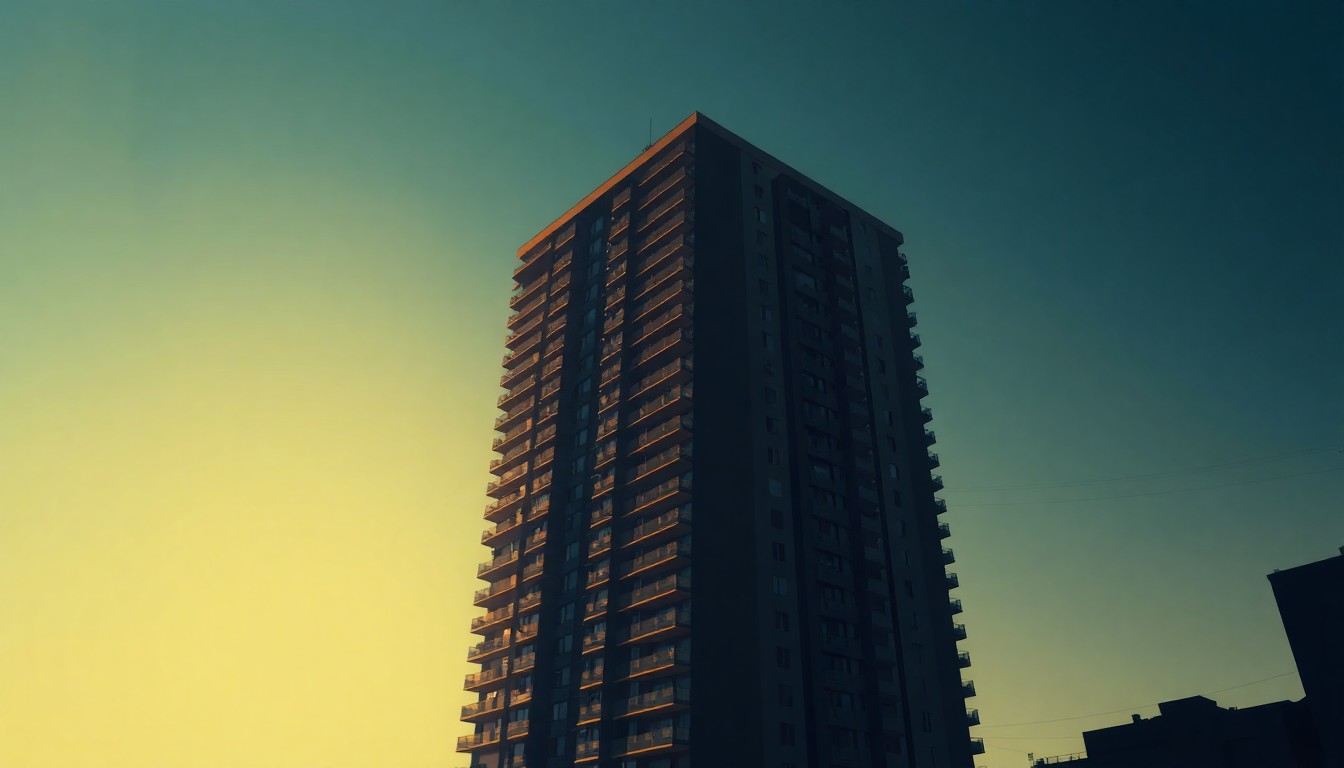 A serene, photorealistic painting of a towering luxury apartment building in New York City, with the facade bathed in warm, golden light and deep shadows, conceptually representing the issue of wealthy owners using Manhattan real estate as an investment rather than a home.